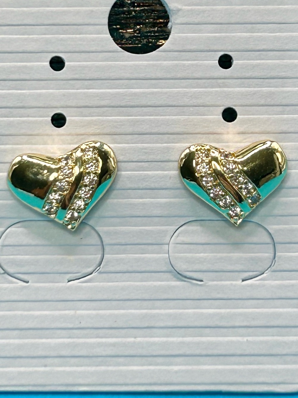 14K Gold Plated Heart Stud Earrings with Crystal Stripe - Women's Jewelry